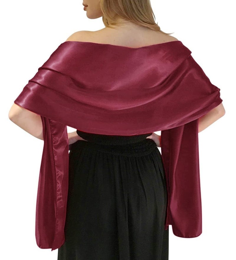 MLMW Burgundy Shawl Wraps for Women Wedding Evening Dresses Satin Formal Shawl Wraps Dressy Extra Long for Christmas Bridesmaid Baby Shower Bridal Shower Party Anniversary - Image 1
